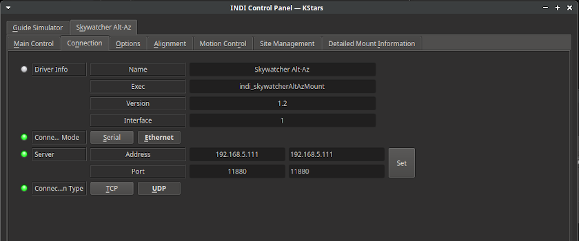 SkyWatcherAltAzMount indi ConnectionTCP