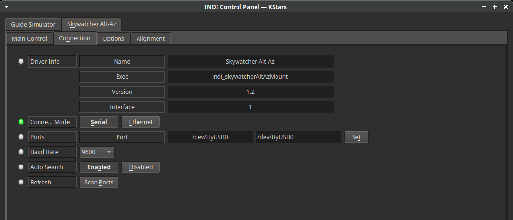 SkyWatcherAltAzMount INDI Connection USB Panel