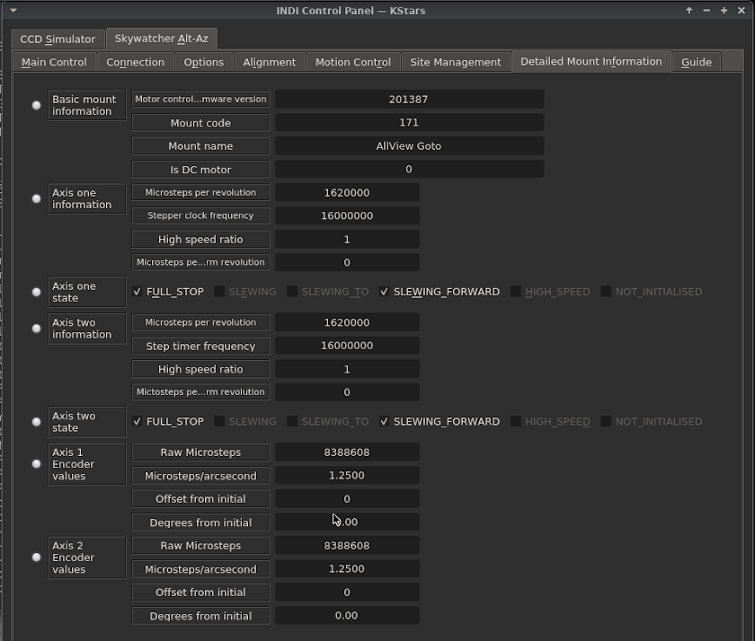 SkyWatcherAltAzMount INDI Detailed Mount Information Tab