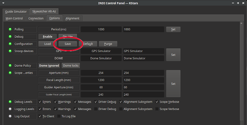 SkyWatcherAltAzMount INDI Options Panel