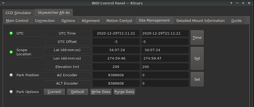 SkyWatcherAltAzMount INDI Site Management Tab